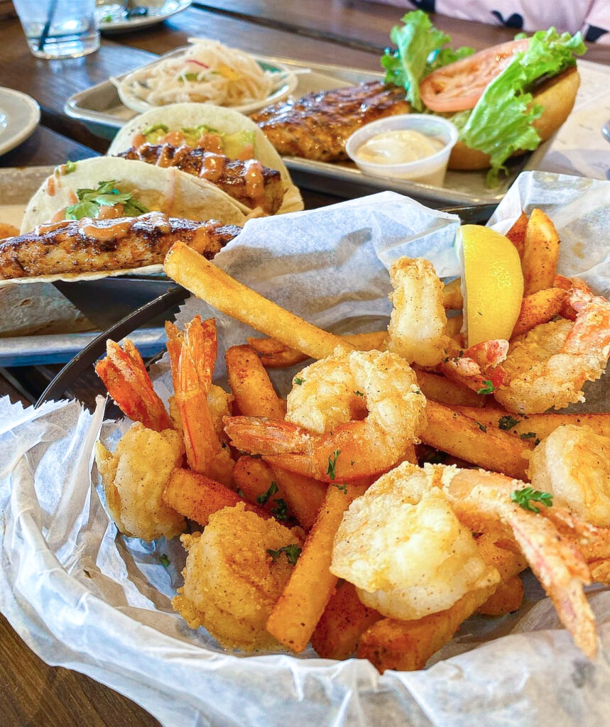 Delicious tropical fried, breaded shrimp and fries meal at Salt Shack