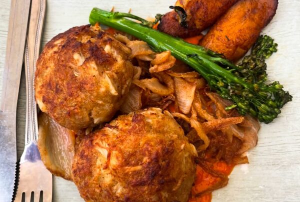 Crab cakes with broccolini and plantains